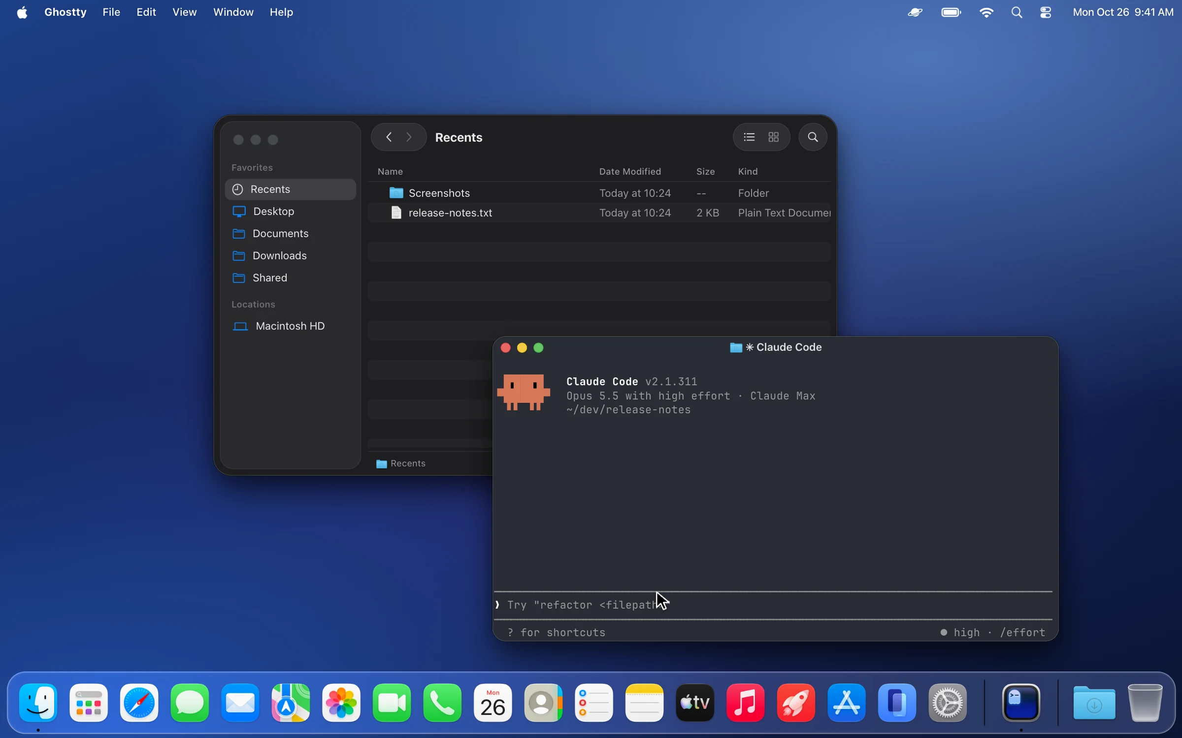 You ask Claude Code for a release checklist in Notes; it makes it on Atlas's hidden desktop while your Mac stays yours, Atlas's menu bar panel shows it live, then Atlas opens on the screenshot